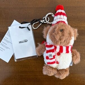 Miss Me Cozie Bear Snowman Holiday Brown Red White Plush Keychain NWT